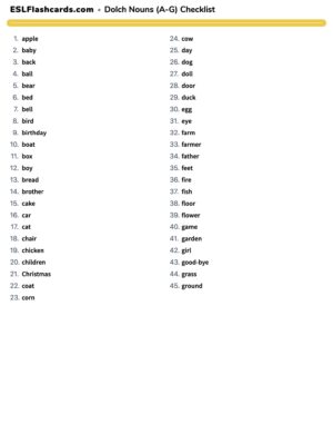 Preview of Checklist, Nouns 1 (A to G)