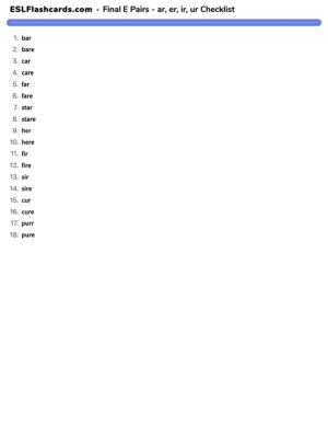 Preview of Checklist, Set 4 - AR, ER, IR, UR