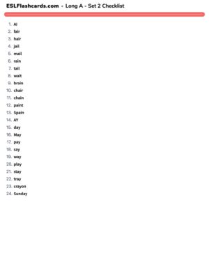 Preview of Checklist, Long A - Set 2