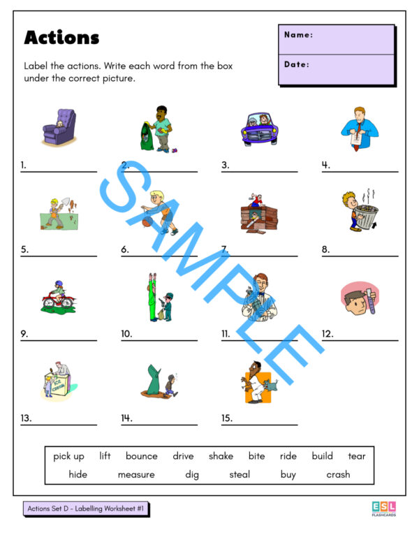 Verb Labelling 140 Action Verb Worksheets - ESL Flashcards