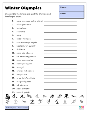 Winter Olympic Sports Word Scramble Worksheet