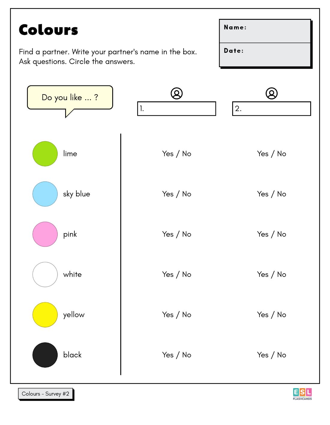 Questionnaire Using Colours Colour Worksheets - ESL Flashcards